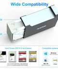 Dual Bay SATA 3.5 Inch Hard Drive Raid Enclosure with Active Cooling Fan showing installed HDDs and compatibility details.