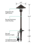 Low Voltage Pathway Lights, 3W 150LM Warm White 3000K, 16.5 Inches Tall LED Landscape Lighting, diagrams of specifications.