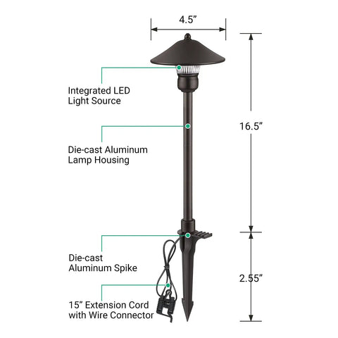 Low Voltage Pathway Lights, 3W 150LM Warm White 3000K, 16.5 Inches Tall LED Landscape Lighting, diagrams of specifications.
