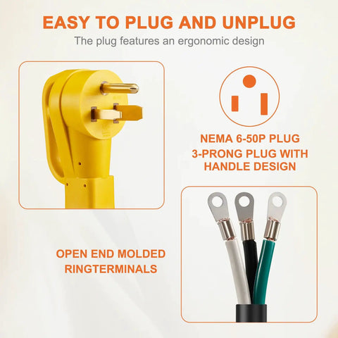 Heavy Duty 4 Foot Nema 6 50P Pigtail Power Cord Built Tough featuring ergonomic 3-prong NEMA plug and ring terminals.