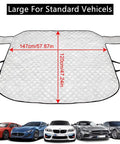 All Weather Windshield Cover Sun Shade For Cars And SUVs, Magnetic Windproof Shield displayed with size 147cm by 120cm