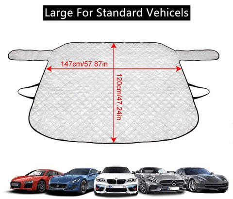 All Weather Windshield Cover Sun Shade For Cars And SUVs, Magnetic Windproof Shield displayed with size 147cm by 120cm