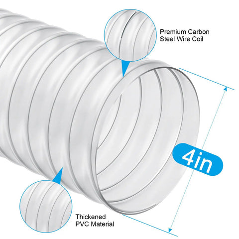 Heavy Duty 4 Inch By 50 Foot PVC Dust Collection Hose, Flexible Clear Debris And Fume Hose With Stainless Steel Clamps For 4 Inch Ports
