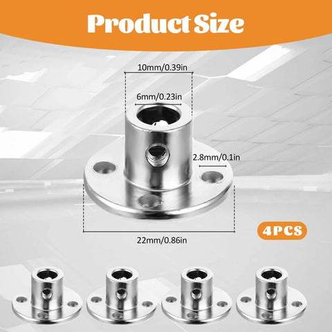Front view of chrome-plated 6 mm shaft flange coupling with mounting flange, side set-screw hole, 4-pack