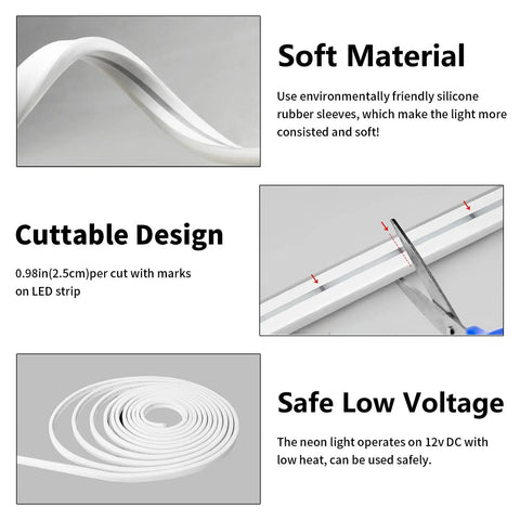 12V LED Strip Lights 16.4 Ft Dope Flexible Neon Rope Light White Waterproof Cuttable And Dimmable Linkable for safe low voltage use