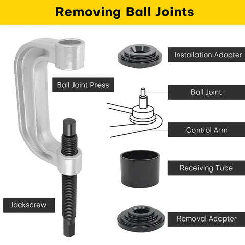 Acymner ball joint press and U-joint removal tool with adapters for 2WD/4WD vehicles; steel construction