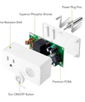 Exploded view of Heavy Duty WiFi Smart Plug Outlet With Timer Function No Hub Required showing components labeled.