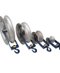 Set of heavy duty 6 inch hook type cable sheaves with welded steel frames, varying sizes, for tough jobsite use, 4000 lb capacity.