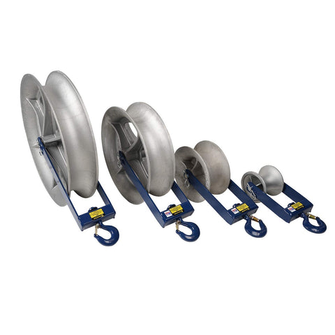 Set of heavy duty 6 inch hook type cable sheaves with welded steel frames, varying sizes, for tough jobsite use, 4000 lb capacity.