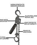 JET 1/4-ton mini-puller lever hoist, 10' lift, chain hoist with 360° rotating alloy steel hooks and safety latches.