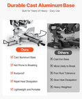 Comparison of sliding compound miter saws; features durable cast aluminum base, rustproof, lightweight versus cast iron base.