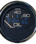 Chesapeake 2-Inch marine oil pressure gauge with black dial and blue graphics, showing 0-80 PSI range, for boat engines, by Faria Beede.