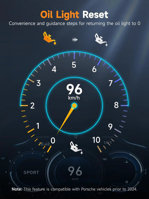 Oil Change Light Reset feature of NT510 Elite OBD2 Scanner For Porsche showing speedometer and reset guidance on screen.