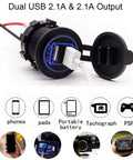 Heavy Duty 12V Usb Adapter With Dual 2.1A Fast Charge Ports And Glowing Blue Led Light Waterproof Plug for devices, showing USB ports.
