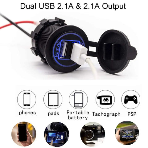 Heavy Duty 12V Usb Adapter With Dual 2.1A Fast Charge Ports And Glowing Blue Led Light Waterproof Plug for devices, showing USB ports.