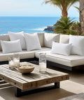 Pack of 2 16x16 Inch Outdoor Pillow Inserts Waterproof Decorative Throw Pillow Forms Square Lumbar Garden Cushions for Patio Sofa Couch Durable 380g High Density Fiber Fill for Plush Comfort displayed on a patio sofa with ocean view