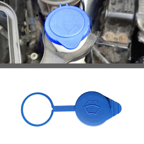 Car Windshield Washer Fluid Reservoir Cap 2 Inch Waterproof Tank Cover Durable Replacement OEM CP9Z17A605A Direct Fit For Ford Cars For Your Ride 2012 2018 Models Blue installed view and separate view