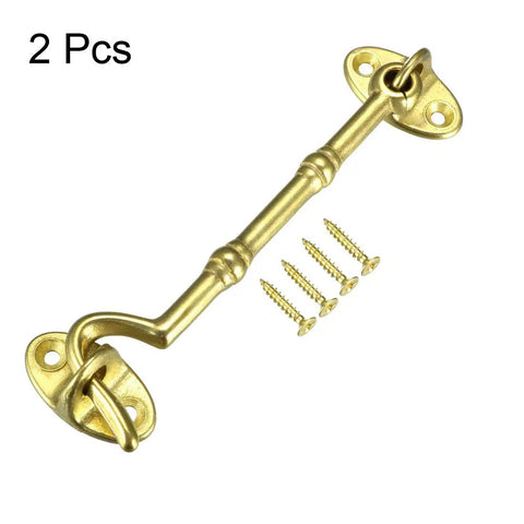 Hook Latch for Gate Door Window Cabinet Eye Closure with Mounting Screws shown with 4 screws, brass finish, 105mm long.