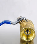 Top Shelf 1 Inch Brass Ball Valve Lever Handle BSP Thread Copper Plumbing Tap Handles close-up with blue handle and chrome detail.