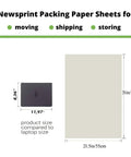 Comparison of Moving Packing Paper Sheets 31 By 21.5 Inches, 50 Pack with laptop, showing dimensions for wrapping fragile dishes and glassware.