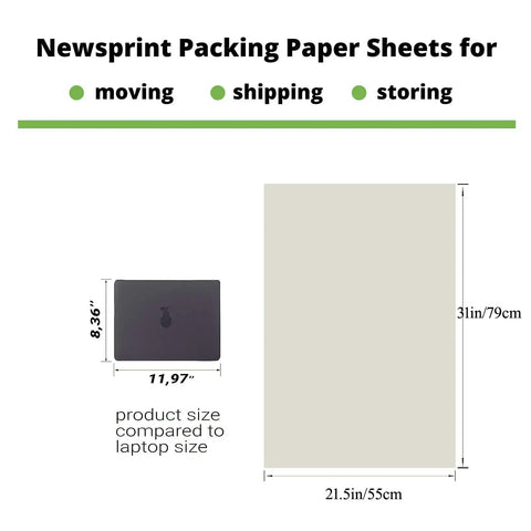 Comparison of Moving Packing Paper Sheets 31 By 21.5 Inches, 50 Pack with laptop, showing dimensions for wrapping fragile dishes and glassware.