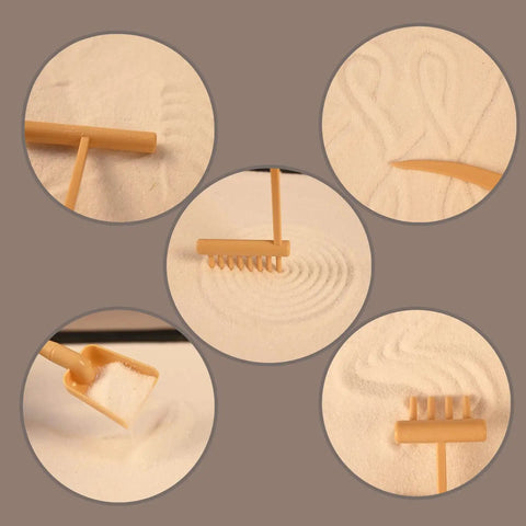 Mini Zen Garden Kit With White Sand, 10 By 7 Inch Rectangular Tray And Meditation Accessories showing rakes making patterns