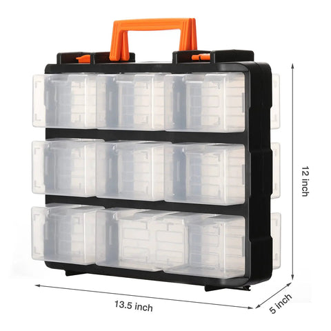 Detachable 16 Section Toolbox With 13.5 Inch Removable Toolbox Dual Sided Storage For Screws Nuts Bolts And Small Tools Heavy Duty Plastic Organizer For Garage Home Workshop Grab And Go Ready, showing front with orange handle and clear compartments.