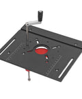 Heavy Duty Manual Router Lift Kit For Precision Woodworking And Home Shop Creations With Zero Sweat Crank Height Adjustment and Rock Solid Clamping Base For Pro Level Diy Projects In Black with height adjustment crank.