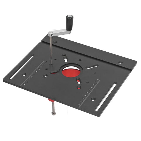 Heavy Duty Manual Router Lift Kit For Precision Woodworking And Home Shop Creations With Zero Sweat Crank Height Adjustment and Rock Solid Clamping Base For Pro Level Diy Projects In Black with height adjustment crank.