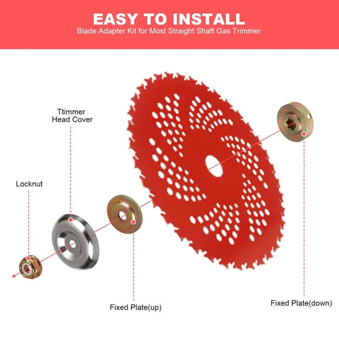 9 Inch 36 Tooth Carbide Tipped Brush Cutter Blade For Trimmers And Weed Eater With Universal Adapter Kit showing installation parts
