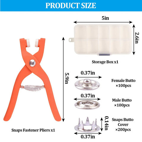 Heavy Duty Copper Snap Button Kit With One Hundred Rustproof Fasteners And QuickPress Plier Plus Smart Storage Box, pliers and fasteners shown with dimensions.