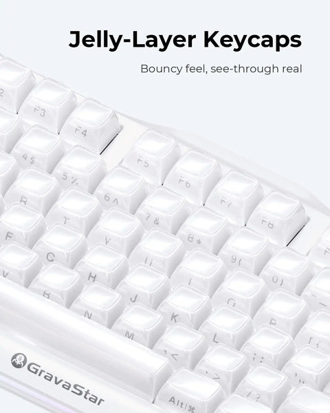 75 Percent Wireless Mechanical Gaming Keyboard With Dynamic Rgb Backlighting And Solid Aluminum Alloy Build In Clean Moonlight White Finish Providing Textured Pbt Keycaps For Locked In Gameplay That Hits Different, featuring jelly-layer keycaps.