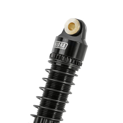 Close-up of 59mm Threaded Oil Shocks With Brass Ends For 1/18 TRX4M Upgrade, CNC aluminum body, easy preload adjustment