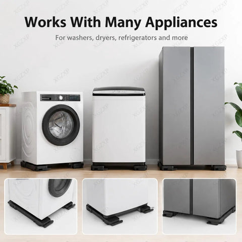 Heavy Duty Washer Dryer Pedestal With Roller Sliders For Easy Lift Move And Lower Heavy Appliances, Adjustable Furniture Mover With 250kg Load Capacity, Solid Plastic Stand For Washers Dryers And Fridges In Black near laundry appliances.