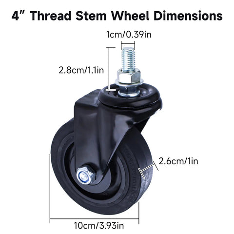 Heavy Duty 4 Inch Stem Caster Wheel With Threaded Stem Quiet 360 Degree Swivel For Cart Furniture Office Desk Chair Workbench