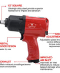 1/2 Inch Aluminum Air Impact Wrench Set Heavy Duty Beefy 1380 Ft Lbs Twin Hammer features knob adjustment and ergonomic grip design.