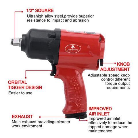 1/2 Inch Aluminum Air Impact Wrench Set Heavy Duty Beefy 1380 Ft Lbs Twin Hammer features knob adjustment and ergonomic grip design.