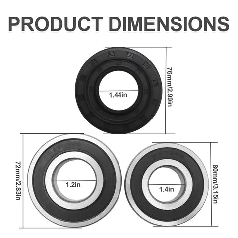 Product dimensions of Heavy Duty Washer Tub Bearing And Seal Kit for Front Load Washers showing sizes of three components.
