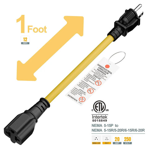 One Foot Nema 5-15P To 6-20R Electric Vehicle Charging Adapter Cable 12Awg Heavy Duty Power Extension Cord Built Tough For Real World Use Straight Shot Plug And Play Design.