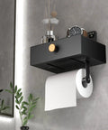 Toilet Paper Holder With Shelf And Wipes Dispenser In Black Stainless Steel Adhesive Wall Mount With Hidden Storage Drawer
