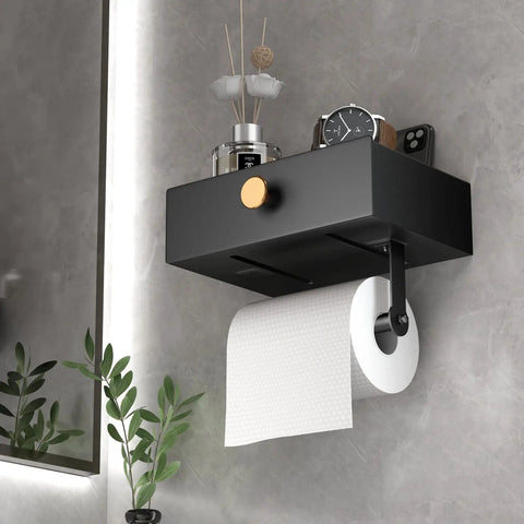 Toilet Paper Holder With Shelf And Wipes Dispenser In Black Stainless Steel Adhesive Wall Mount With Hidden Storage Drawer
