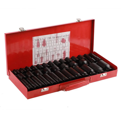 Top Notch 35 Piece Metric Hex Socket Impact Kit With Long And Short Drive Sleeves For Hardcore Automotive Jobs Built From Tough Chrome Vanadium Steel To Handle Heavy Duty Grips And Rust Free Durable Performance Every Single Time. 35-piece 1/2-inch drive metric impact socket set in red case