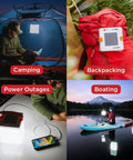 Image of people using "Your Go To Quick Inflate 2 In 1 Solar Lantern And Phone Charger For Camping Hiking And Travel Rechargeable LED Light Waterproof Emergency Lamp With Turbo Brightness Power Outage Ready Survival Kit Essential" in various outdoor settings such as camping, backpacking, and boating.