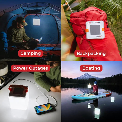 Image of people using "Your Go To Quick Inflate 2 In 1 Solar Lantern And Phone Charger For Camping Hiking And Travel Rechargeable LED Light Waterproof Emergency Lamp With Turbo Brightness Power Outage Ready Survival Kit Essential" in various outdoor settings such as camping, backpacking, and boating.