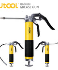 Front view of UTOOL grease gun MGG0102, yellow pistol-grip, 8000 PSI, 14 oz capacity with 18-inch resin flex hose