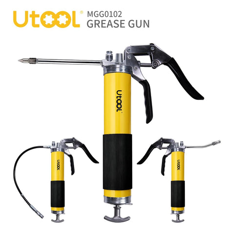 Front view of UTOOL grease gun MGG0102, yellow pistol-grip, 8000 PSI, 14 oz capacity with 18-inch resin flex hose