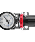 Front view of Air Control Regulator Valve With Gauge For Compressed Air Systems, aluminum alloy body and pressure indicator dial