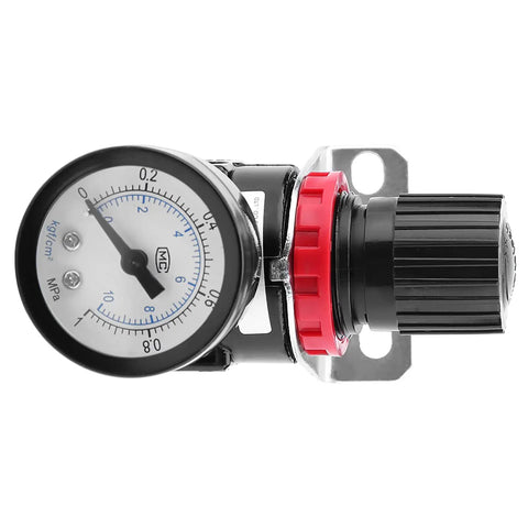 Front view of Air Control Regulator Valve With Gauge For Compressed Air Systems, aluminum alloy body and pressure indicator dial