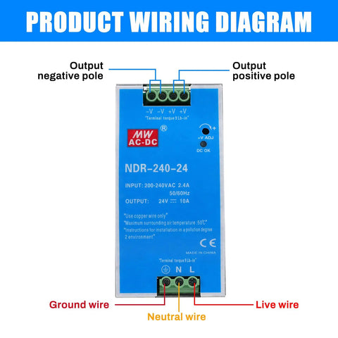 Wiring diagram of Bulletproof Din Rail Power Supply Delivering Rock Solid 240W Output At 24V And Ten Amps for LED lighting.