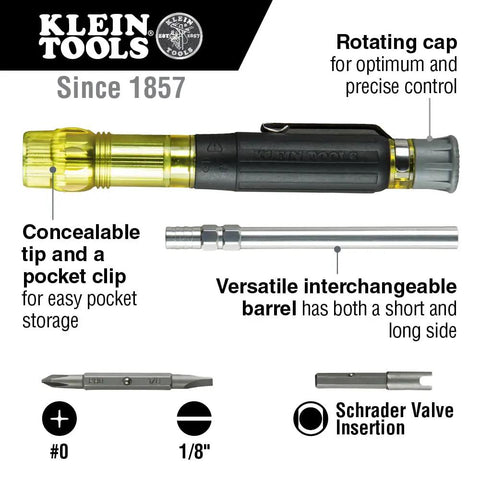 HVAC Multi Bit Pocket Screwdriver 3in1 With Phillips Slotted And Schrader Bits Concealable Tip And Pocket Clip